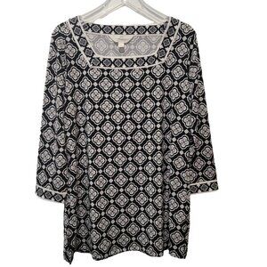 Magnolia Grace Stitch Fix Blouse Black White Print‎ Square Neck Womens Large EUC